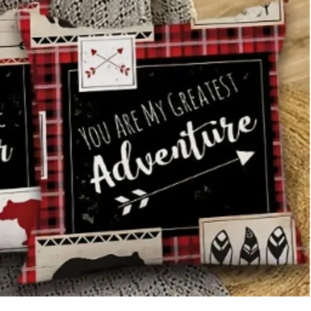 NEW SET OF 5 RUSTIC MOUNTAIN CABIN QUOTE BLACK/RED LINEN PILLOW COVERS 18